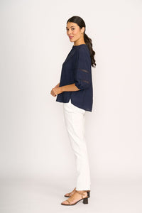 BLOUSE CHECK & LACE Navy