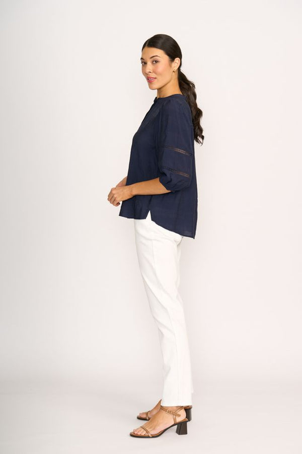 BLOUSE CHECK & LACE Navy